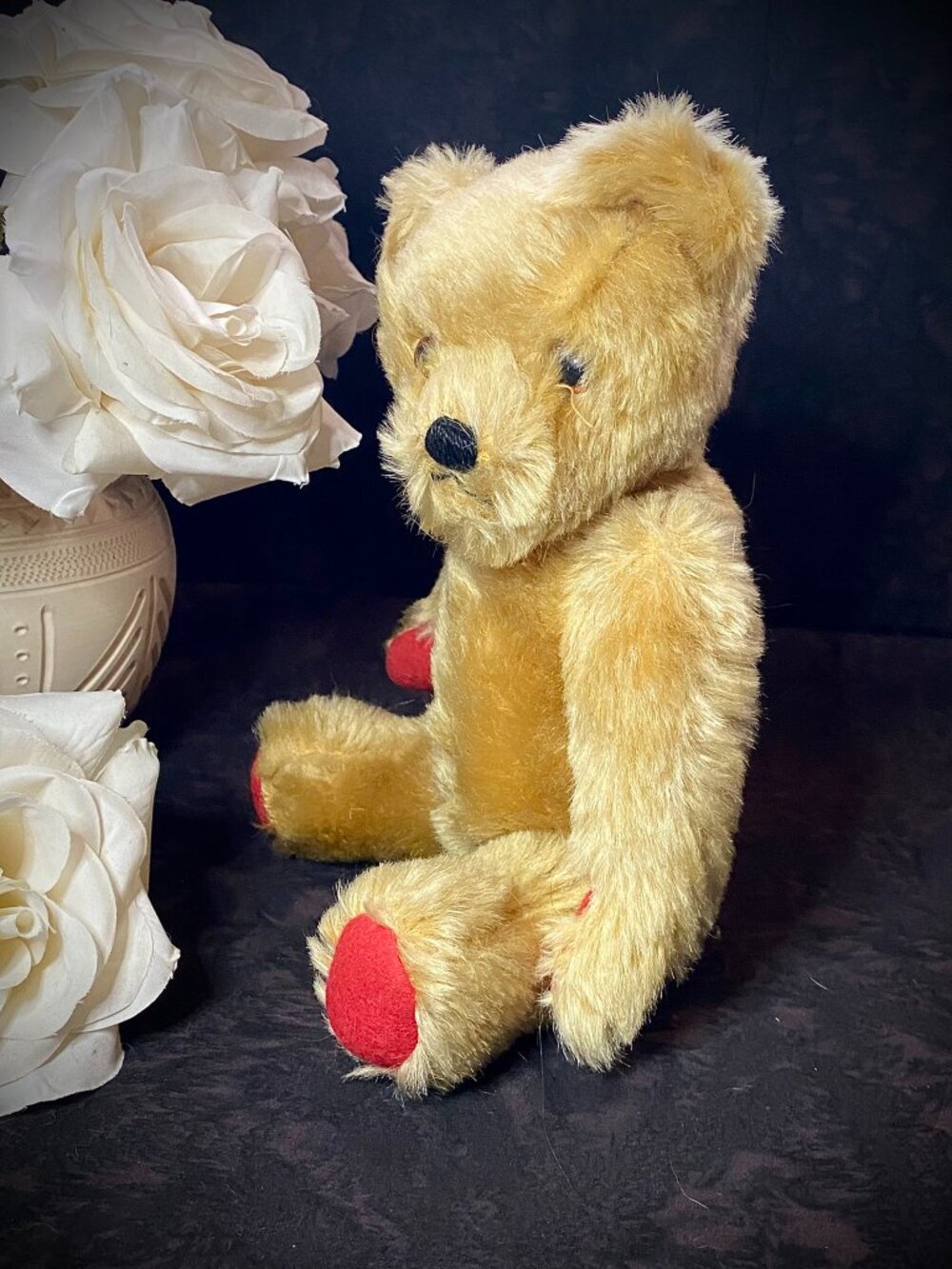 Vintage 1950s Twyford Gold Mohair Jointed Teddy Bear - original red felt paws